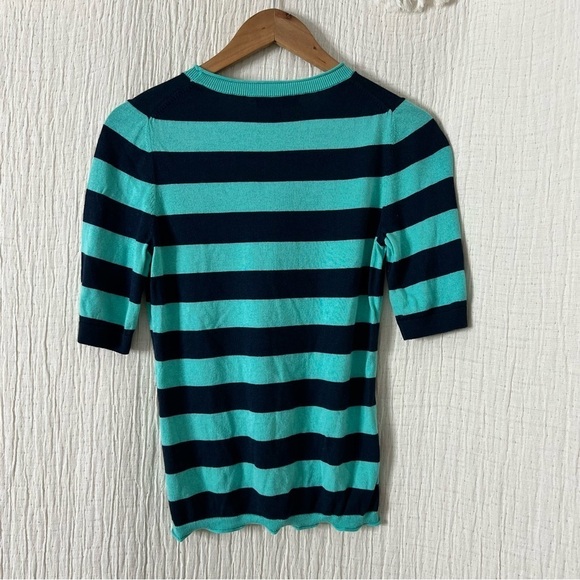 Banana Republic Navy Mint Striped Silk Cashmere Crew Sweater size S short sleeve - Picture 2 of 4